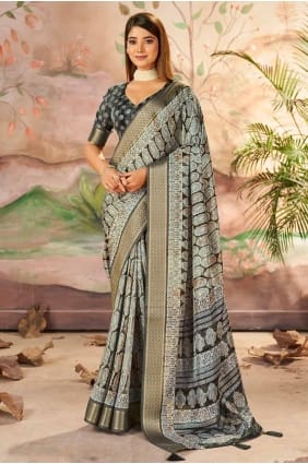 Printed Saree in Carbon grey Silk SR28433
