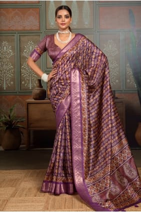 Purple Saree with Printed Silk SR30019