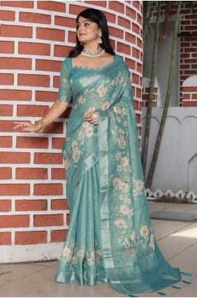 Sea green Saree in Cotton with Printed SR29043