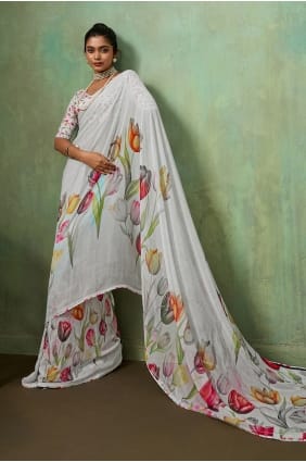 White Saree in Printed Georgette SR29966