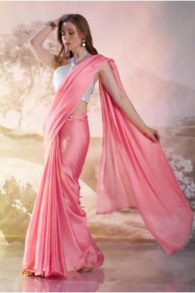 Printed Satin Saree in Pink with Blouse SR28133
