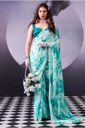 Satin Saree with Printed in Sea green SR29936