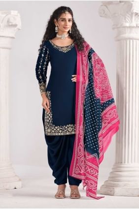 Printed Silk Patiala Suit in Blue color PS2441