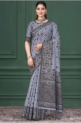 Printed Silk Saree in Blue SR29016