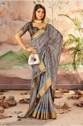 Printed Silk Saree in Dark slate grey with Blouse SR28429