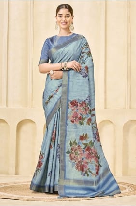Printed Saree in Sky blue Silk SR29018