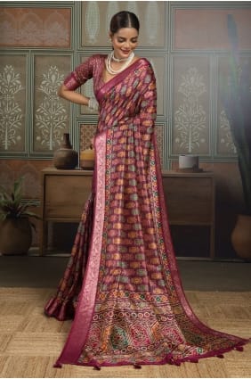 Wine Saree with Printed Silk SR30025