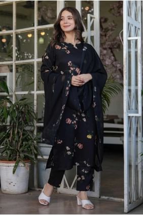 Printed Straight Pant Suit in Black Silk SK155250