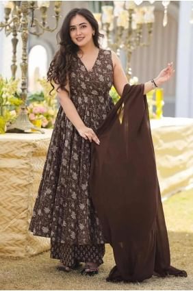 Printed Straight Pant Suit in Brown Muslin AS4057