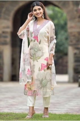 Printed Straight Pant Suit in Off white Georgette SK155392