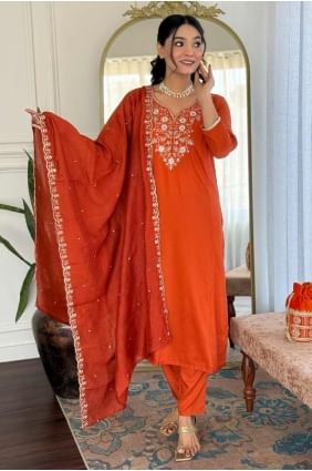 Printed Straight Pant Suit in Orange Muslin SK155257