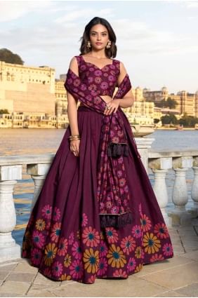 Printed Tussar silk Wine Party Lehenga Choli with Dupatta LC8289