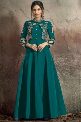 Teal blue Taffeta and art silk Gown Dress GWU0055