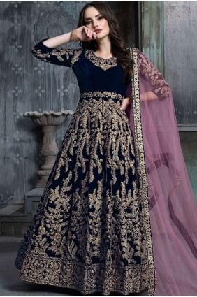 Navy blue Velvet Anarkali Suits AS2378