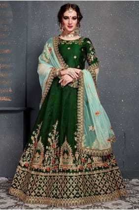 Enticing Dark green Satin and silk Lehenga Choli lc2439