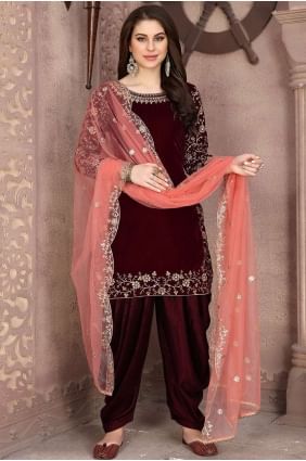 Maroon Velvet Patiala Suits PS2128