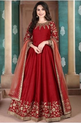 Red Silk Anarkali Suit AS2578