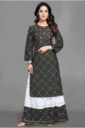 Printed Palazzo Kurti in Black Rayon KTI1875