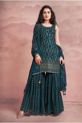 Rama blue Sharara Suit in Georgette with Embroidered SSU1054
