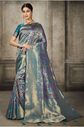 Weaving Saree in Turquoise Banarasi silk SR24664