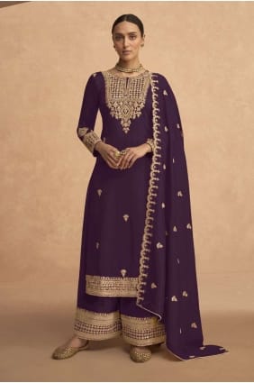 Embroidered palazzo Suit in Purple Georgette PZ3635