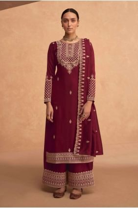 Red Georgette Palazzo Suit with Embroidered PZ3639