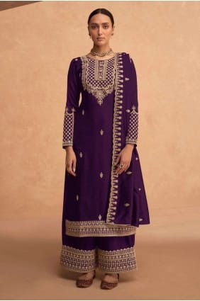 Purple Georgette Palazzo Suit with Embroidered PZ3641