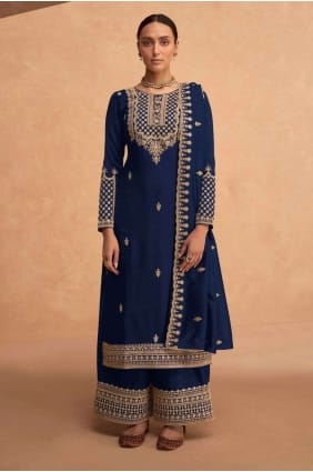 Embroidered palazzo Suit in Blue Georgette PZ3643