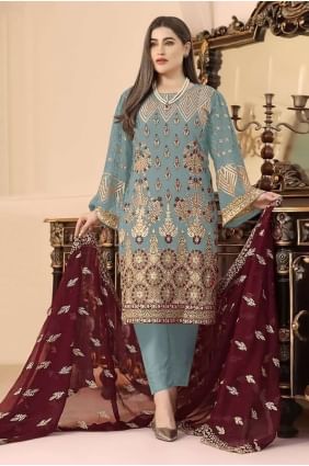 Embroidered Georgette Sky Salwar Kameez with Dupatta SK153384