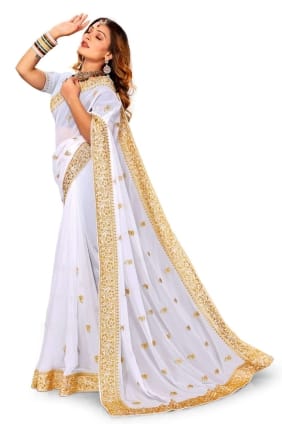 White Georgette Party Wear Saree with Thread,embroidered,lace border SR24787