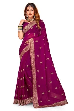 Wine Thread,embroidered,lace border Georgette Party Wear Saree SR24792