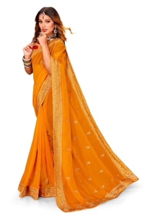 Party Wear Saree in Mustrd Georgette with Thread,embroidered,lace border SR24793