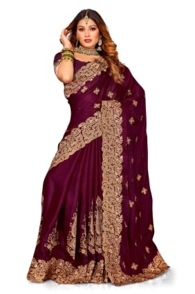Wine Wedding Saree with Zari,embroidered,lace border Satin SR24826