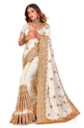 Zari,embroidered,lace border Satin Wedding Saree in Off white SR24827