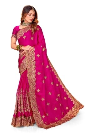 Rani Zari,embroidered,lace border Wedding Saree in Satin SR24828