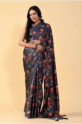 Digital print Silk Black Saree with Blouse SR24863