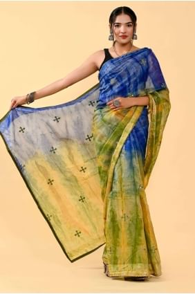 Blue,green Saree in Cotton with Patch,thread,embroidered SR24896