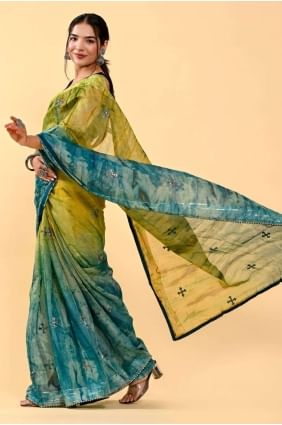 Patch,thread,embroidered Cotton Saree in Green with Blouse SR24900