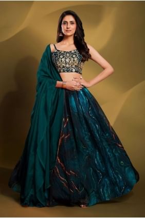 Organza Party Lehenga Choli in Teal with Sequins LC7049