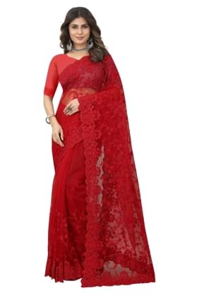 Wedding Saree in Red Net with Embroidered SR25022