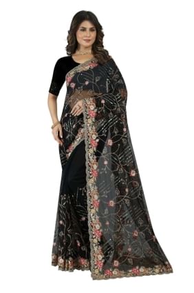 Embroidered Net Wedding Saree in Black with Blouse SR25031