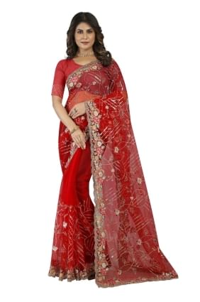 Net Red Wedding Saree in Embroidered SR25033