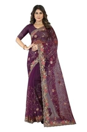 Wine Embroidered Net Wedding Saree SR25034