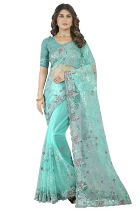 Dusty sky Wedding Saree in Embroidered Net SR25037