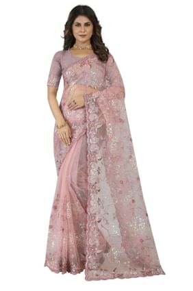 Embroidered Net Wedding Saree in Dusty pink with Blouse SR25040
