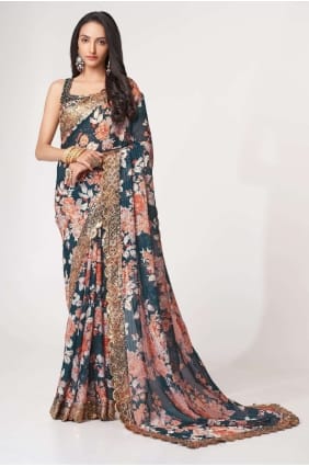 Organza Dove blue Saree in Sequins,embroidered,digital print SR25208