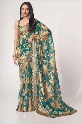 Sequins,embroidered,digital print Organza Saree in Teal blue SR25210