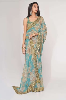 Sky blue Saree with Sequins,embroidered,digital print Organza SR25213