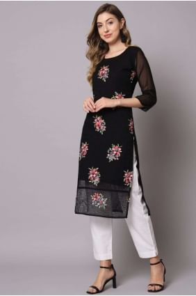 Black Straight Kurti in Georgette with Embroidered KTI2098