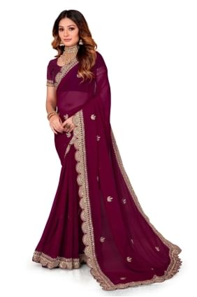 Wine Saree in Embroidered Georgette SR25218